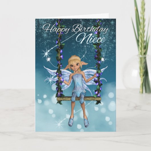 Niece Happy Birthday niedliche Fee auf Blume Swing Karte (Vorderseite)
