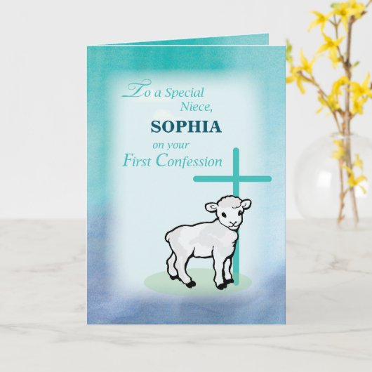 Niece Personalize Name First Confession Lamb Cross Karte (Gelbe Blume)