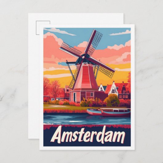 Niederlande Amsterdam Vintage Travel Illustration Postkarte (Vorne/Hinten)