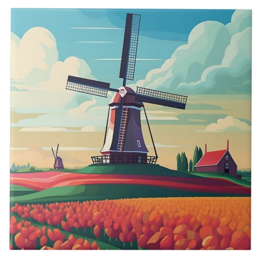 Niederlande Landschaft Windmill Tulip Field Travel Fliese (Vorderseite)