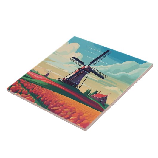 Niederlande Landschaft Windmill Tulip Field Travel Fliese (Seite)