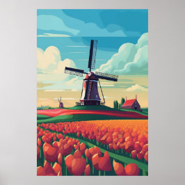 Niederlande WIndmill Tulip Field Illustration Poster