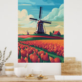Niederlande WIndmill Tulip Field Illustration Poster (Küche)