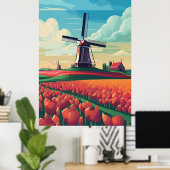 Niederlande WIndmill Tulip Field Illustration Poster (Heimbüro)