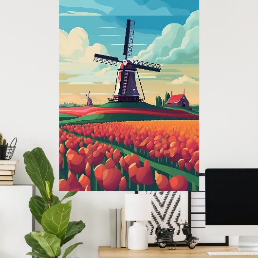 Niederlande WIndmill Tulip Field Illustration Poster (Heimbüro)