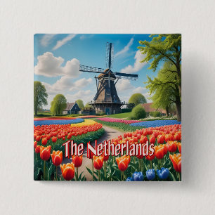 Niederlande Windmill & Tulips Button