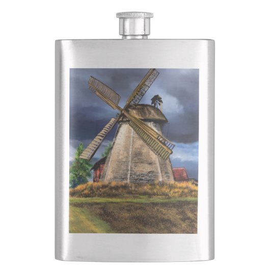 Niederlande Windmühle Landschaft Zeichnend Flasche Flachmann (Vorderseite)