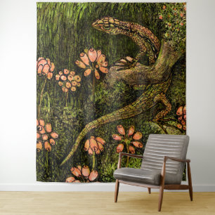 Niederländisch Art Nouveau Lizard und Wildblumen Wandteppich