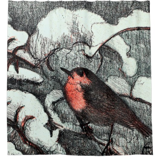 Niederländisch Art Nouveau Robin Bird im Winter Duschvorhang (Vorderseite)