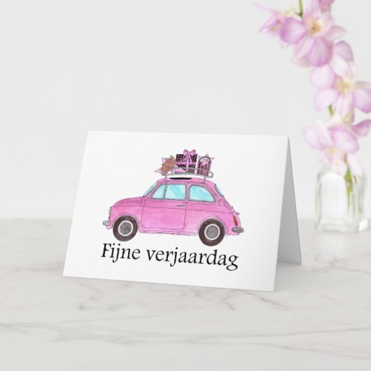 Niederländisch Birthday Retro Fiat 500 Karte (Orchidee)