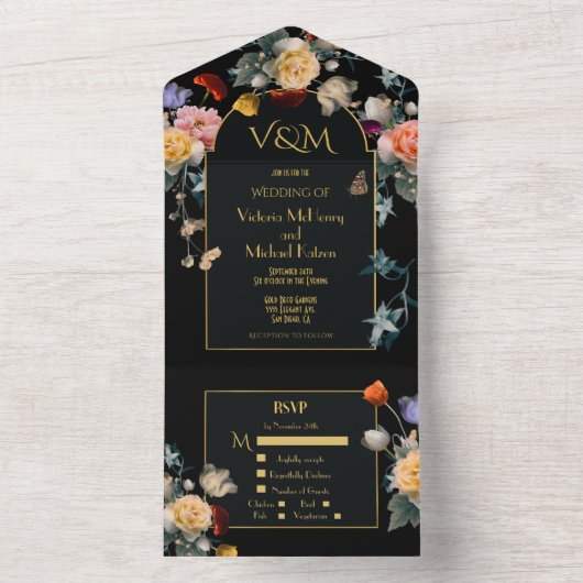 Niederländisch Floral Dark & Moody Wedding Initial All In One Einladung (Innen Boden)