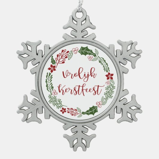 Niederländisch Frohe Weihnachtsfeier, Vrolijk Kers Schneeflocken Zinn-Ornament (Vorderseite)