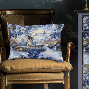 Niederländische Delft-Blau-Windmühlen Wilde Rosen Dekokissen