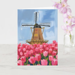 Niederländische Windmühle Tulpen Blumenfeld Aquare Karte