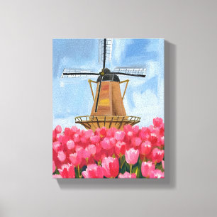 Niederländische Windmühle Tulpen-Blumenfeld Aquare Leinwanddruck