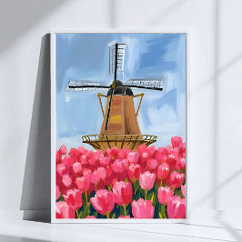 Niederländische Windmühlen-Tulpen-Blumenfeld-Wasse Poster