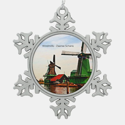 Niederländische Windmühlen, Zaanse Schans, Schneeflocken Zinn-Ornament (Vorderseite)