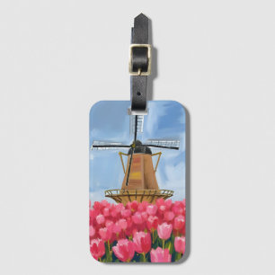 Niederländisches Windmühlen-Tulpen-Blumenfeld-Aqua Gepäckanhänger