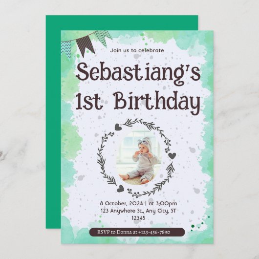 Niedlich 1. Geburtstag Einladung (Vorne/Hinten)