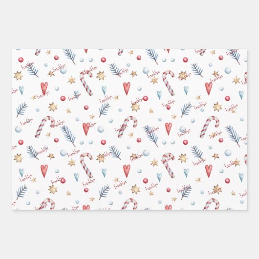 Niedlich, 3 Namen passend Wintermuster 19x29 Geschenkpapier Set (Vorderseite 3)