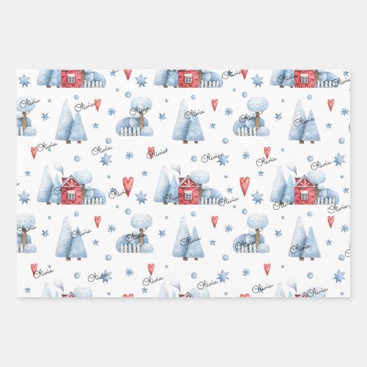 Niedlich, 3 Namen passend Wintermuster 19x29 Geschenkpapier Set (Vorderseite 2)