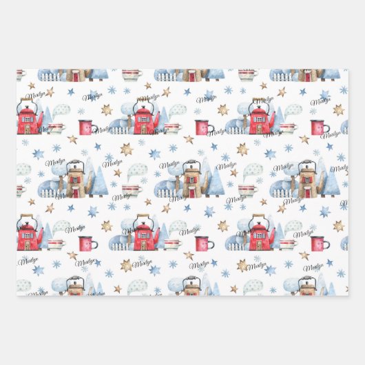 Niedlich, 3 Namen passend Wintermuster 19x29 Geschenkpapier Set (Vorderseite)