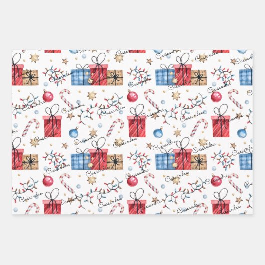 Niedlich, 3 Namen, Weihnachtsmuster 19x29 Geschenkpapier Set (Vorderseite 2)
