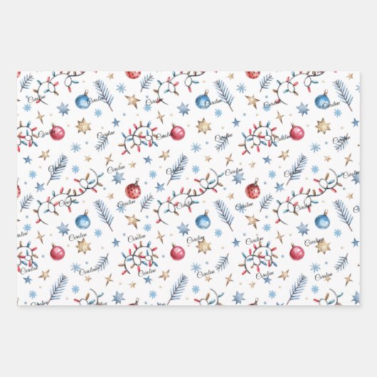 Niedlich, 3 Namen, Weihnachtsmuster 19x29 Geschenkpapier Set (Vorderseite)
