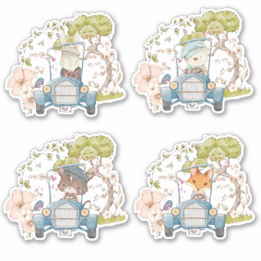 Niedlich 4 Waldtiere Vintage Car Foliage Junge Aufkleber (Vorderseite)