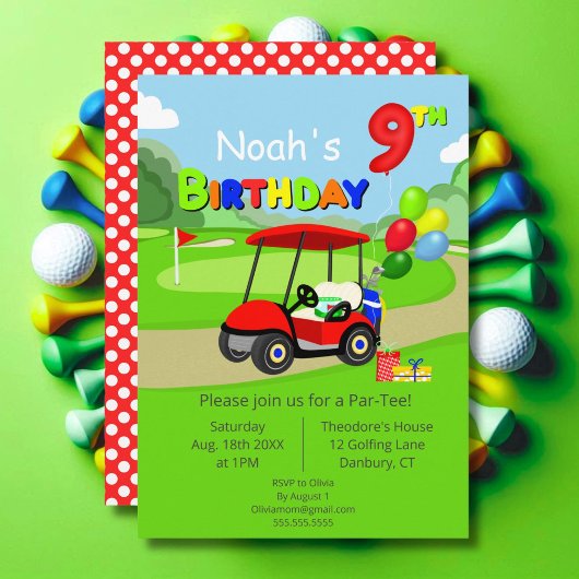 Niedlich 9. Geburtstag Red Golf Cart Boy's Einladung
