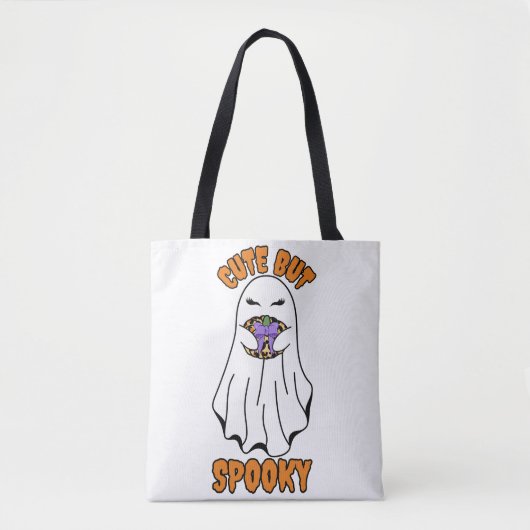 Niedlich, aber Spooky Halloween Ghost Holing a Pum Tasche (Vorderseite)