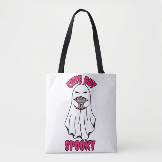 Niedlich, aber Spooky Halloween Ghost Holing a Pum Tasche (Vorderseite)