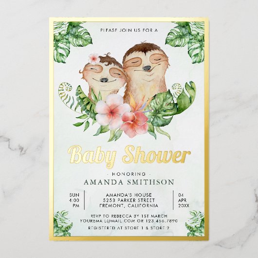 Niedlich Adorable Floral Sloth Twins Baby Dusche G Folieneinladung (Vorderseite)