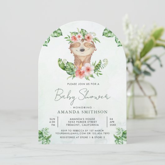 Niedlich Adorable florale Sloth Girl Arch Babydusc Einladung (Stehend Vorderseite)