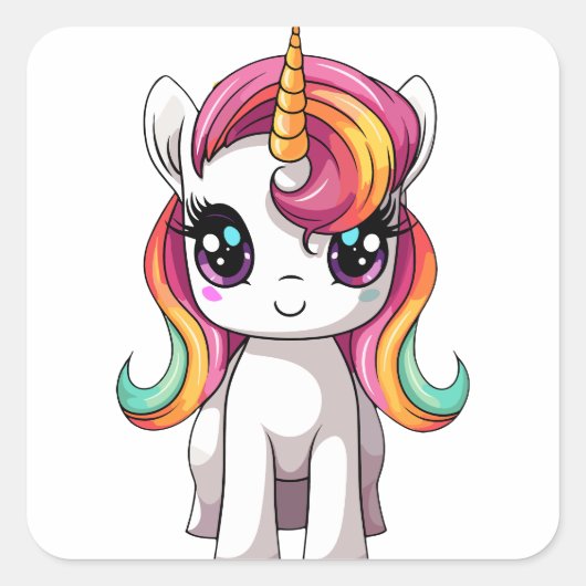 Niedlich Adorable Happy Kawaii Rainbow Unicorn Quadratischer Aufkleber (Vorderseite)