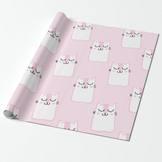 Niedlich Adorable Pink Weiße Katzen Kätzchen Muste Geschenkpapier (Ungerollt)
