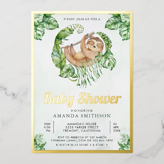 Niedlich Adorable Sloth Baby Dusche Gold Folieneinladung (Vorderseite)
