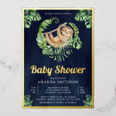 Niedlich Adorable Sloth Navy Blue Baby Dusche Gold Folieneinladung (Vorderseite)