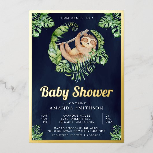 Niedlich Adorable Sloth Navy Blue Baby Dusche Gold Folieneinladung (Vorderseite)
