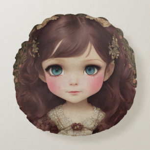 Niedlich Adorable Vintage Art Chibi Kawaii Girl de Rundes Kissen