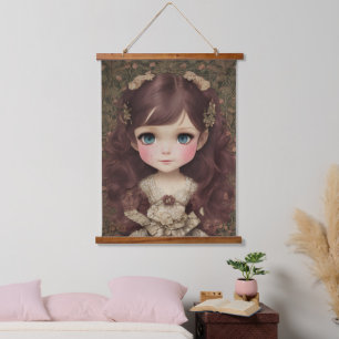 Niedlich Adorable Vintage Art Chibi Kawaii Girl de Wandteppich Mit Holzrahmen