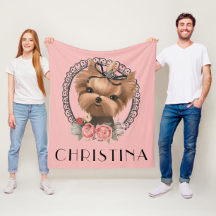 Niedlich Adorable Yorkie Puppy Pink Floral Fleecedecke