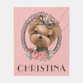 Niedlich Adorable Yorkie Puppy Pink Floral Fleecedecke (Vorderseite)