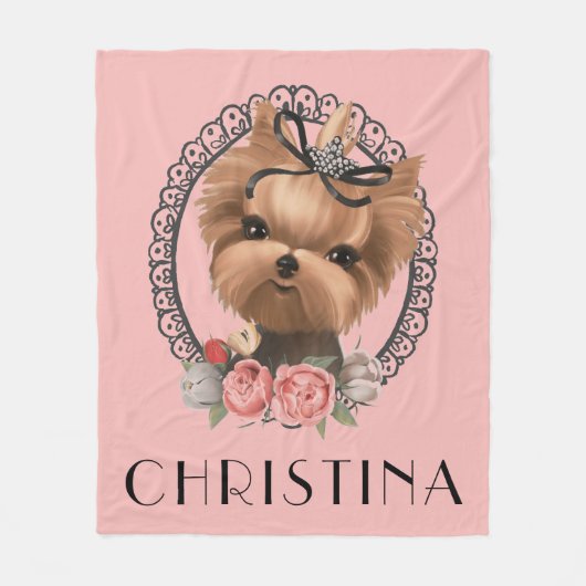 Niedlich Adorable Yorkie Puppy Pink Floral Fleecedecke (Vorderseite)