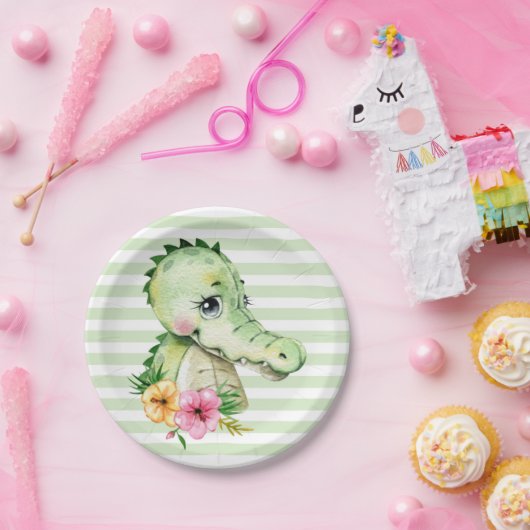 Niedlich Alligator Watercolor Blume Babydusche Pappteller (Party)