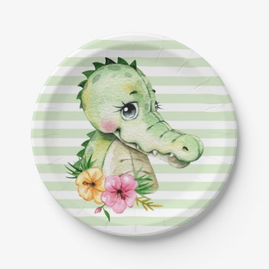 Niedlich Alligator Watercolor Blume Babydusche Pappteller (Vorderseite)