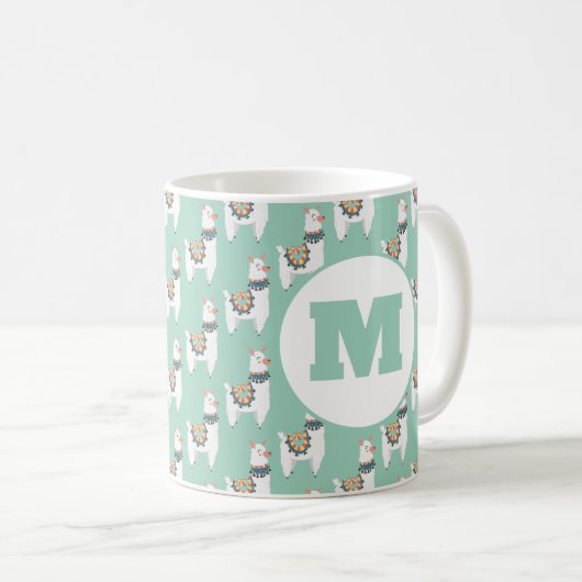 Niedlich Alpaca Llama Mint Green Monogram Kaffeetasse (VorderseiteRechts)