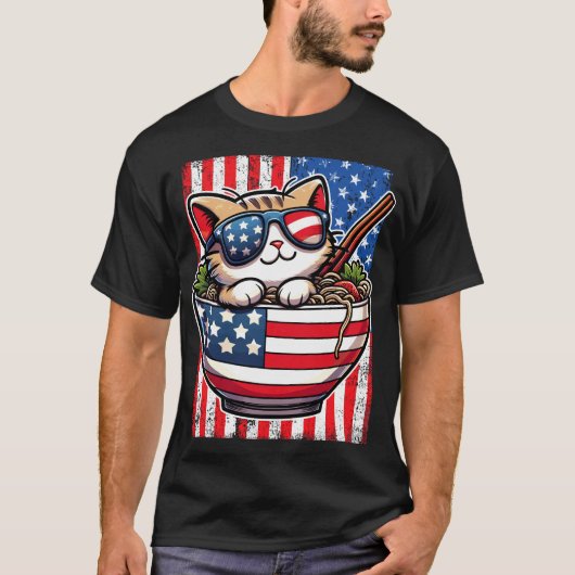 Niedlich America Cat Eating Ramen T-Shirt (Vorderseite)
