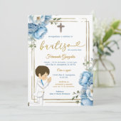 Niedlich Angel Boy Spanish Bautizo Dusty Blue Gold Einladung (Stehend Vorderseite)