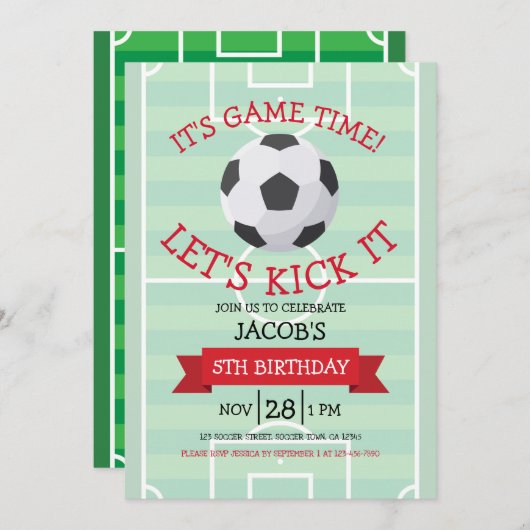 Niedlich angesagtes Fußballfeld & Ribbon zum Gebur Einladung (Vorne/Hinten)